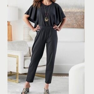 Soft Surroundings Size Medium Reyna Jumpsuit Black Flutter Sleeve Cape Overlay